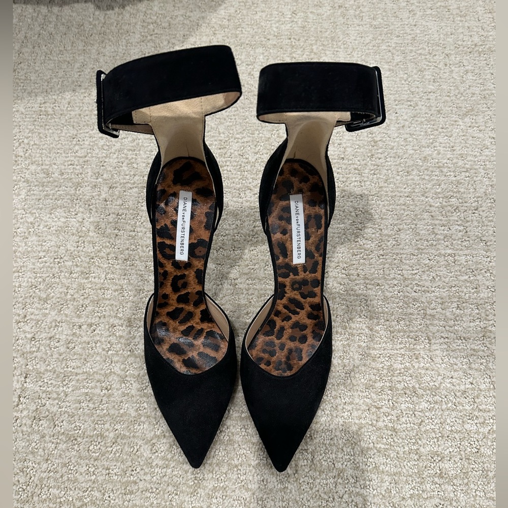 Brand New Diane von Furstenberg Black Suede Ankle Strap High Heels Designer Shoe